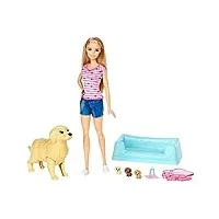 barbie famille poupée blonde naissance des chiots avec chien articulé, trois figurines et accessoires, jouet pour enfant, fdd43