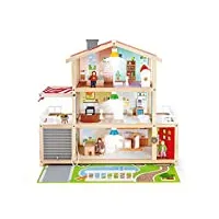 jouet hape maison de poupée en bois - famille de 4 poupées inclues avec 10 pièces en bois avec lampes amovibles et sonnette - jeu pour enfant de 3 ans et plus