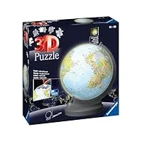 ravensburger - puzzle 3d ball éducatif - globe terrestre lumineux - a partir de 10 ans - 540 pièces numérotées à assembler sans colle - support rotatif lumineux inclus - 11549