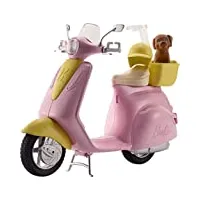 barbie mobilier scooter, moto rose pour poupées, fournie avec casque et panier jaune et figurine de chien, jouet pour enfant, frp56