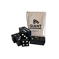 get out! dominos géants en bois 28 pièces et sac - jumbo couleur bois noir et chiffres blancs, jeux de plein air pour enfants et adultes