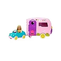 barbie famille coffret mini-poupée chelsea avec sa voiture et sa caravane, figurine chiot et accessoires, jouet pour enfant, fxg90