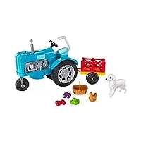barbie tracteur bleu pour poupée avec remorque, figurines chien et poule, un panier et des légumes, jouet pour enfant, gff49
