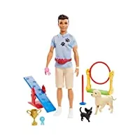 barbie métiers coffret poupée ken dresseur canin, 2 figurines chiens et accessoires, jouet pour enfant, gjm34