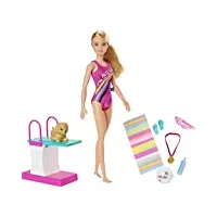 barbie dreamhouse adventures famille coffret poupée championne de natation avec plongeoir et figurine chiot, jouet pour enfant, ghk23 multicolore
