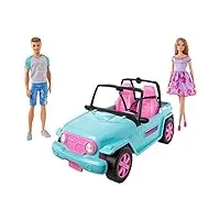 barbie voiture buggy décapotable, véhicule tout-terrain bleu et rose, poupées et ken incluses, jouet pour enfant, ght35