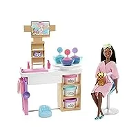 barbie bien-être coffret journée au spa avec poupée brune, salon de beauté, figurine chiot et plus de 10 accessoires, jouet pour enfant, gjr85