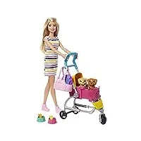 barbie famille coffret poupée blonde promène ses chiots, deux figurines animaux et accessoires, jouet pour enfant, ghv92
