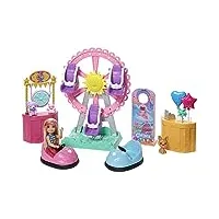 barbie famille coffret chelsea fête foraine, mini-poupée blonde, figurine chiot, 5 zones de jeu dont une grande roue, jouet pour enfant, ghv82