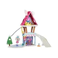enchantimals coffret chalet des neiges de bevy lapin, mini-poupée, figurine animale jump, 5 espaces de jeu, emballage fermé, jouet pour enfant, grw92