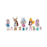 enchantimals la vallée enneigée coffret 5 mini-poupées pristina, rainey, bevy, felicity, sybill et leurs figurines animales, jouet enfant, gxb20