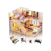 gudoqi diy maison miniature, 3d maison poupee bois kit avec meubles et musique, lumière led, kit de modèle fait À la main À construire, maison de vie Élégante