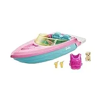 barbie mobilier bateau pouvant transporter 3 poupées avec gilet de sauvetage, figurine chiot et 2 verres, jouet pour enfant, grg29