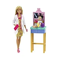 barbie métiers coffret poupée docteure blonde, figurine petite patiente et son ours en peluche, accessoires inclus, jouet pour enfant, gtn51
