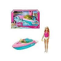 barbie mobilier bateau pouvant transporter 3 poupées avec gilet de sauvetage, figurine chiot, 2 verres et une poupée incluse, jouet pour enfant, grg30