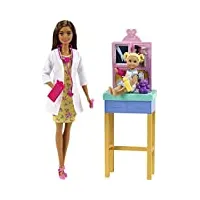 barbie métiers coffret poupée docteure brune, figurine petite patiente et son ours en peluche, accessoires inclus, jouet pour enfant, gtn52