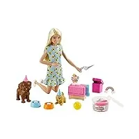 barbie famille coffret anniversaire des chiots avec poupée blonde, 2 figurines chiens, pâte à modeler et accessoires, jouet pour enfant, gxv75