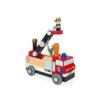 janod - camion de pompiers brico'kids en bois - jeu de construction - avec 2 pompiers - 45 pièces, facile à monter - jouet en bois certifié fsc - de 3 à 8 ans, j06469