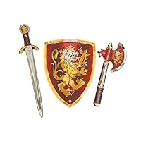 liontouch - chevalier noble, Épée de jeu, bouclier et hache pour enfants en rouge | imitation médiévale en mousse avec le thème du lion doré | armes et armure de bataille sûres pour déguisements