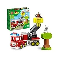 lego 10969 duplo town le camion de pompiers, jouet de construction, avec lumières et sirène, figurine chat, centre de secours, jeu Éducatif 2 ans