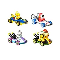hot wheels coffret de 4 véhicules mario kart échelle 1:64 en métal, collection de 4 karts avec personnages légendaires du jeu vidéo, jouet pour enfant, hdb23
