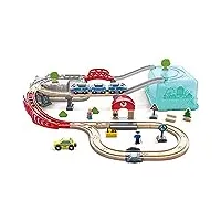 jouet hape ensemble circuit train, grue et seau de rangement - 48 pièces train, locomotive, gare, voitures, personnages - jeu educatif enfant de 3 ans et plus - compatible marques traditionnelles