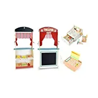 leomark jouet 3in1: théâtre en bois et le marché + caisse enregistreuse avec un lecteur de code à barres et calculatrice + produits alimentaires en bois, jeu d'imitation, jouets de rôle pour enfants