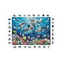 wooden.city puzzle en bois 1000 +10 pièces happy dolphins - puzzle coloré de dauphins de l'océan pour adultes et adolescents - puzzle de mer en bois amusant avec des pièces originales et uniques