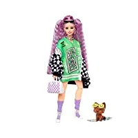 barbie poupée mannequin extra n° 18 avec robe en jersey et veste oversize à carreaux, très longs cheveux, figurine chiot et accessoires, jouet enfant, dès 3 ans, hhn10