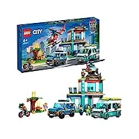 lego 60371 city le qg des véhicules d’urgence, avec hélicoptère de pompier, jouet camion ambulance, moto et voiture de police, pour enfants dès 6 ans