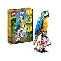 lego 31136 creator 3-en-1 le perroquet exotique, jouet de construction, figurines animaux de la jungle, avec grenouille et poisson, jeu créatif pour pâques enfant dès 7 ans