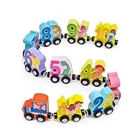 atoylink train en bois dinosaure numéro 1-10 véhicules pour enfants montessori voiture jouet en bois train magnétique compatibles avec la plupart des circuit cadeaux pour garçons filles 1 2 3 ans