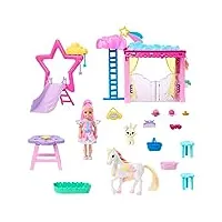 barbie coffret a touch of magic avec poupée chelsea et figurine pégase, avec Écurie, figurine lapin et accessoires, jouet enfant, dès 3 ans, hnt67