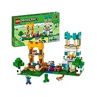 lego 21249 minecraft la boîte de construction 4.0, set 2en1 construisez des tours de rivière ou une cabane de chat, avec les figurines alex, steve, creeper et zombie mobs, jouets pour enfants