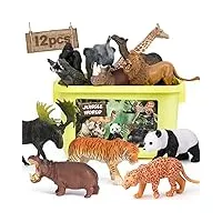 fruse d'animaux jouet pour enfants,12 pièces réaliste animaux de la jungle,figurine animaux avec panda,lion,eléphant,jouets Éducatifs cadeaux pour enfant fille garçons de 3 ans et plus