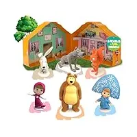 masha et michka, maison de masha et l'ours 2 étages avec 6 figurines de jouet du texture douce et veloutée, comprend boîte à lunch collectionneuse de la série masha et l'ours