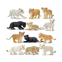toymany lot de 12 figurines d'animaux safari - lion, tigre, guépard - jouets d'animaux de la jungle - petits animaux en plastique - mini animaux - zoo forêt - pour jouer ou comme décoration pour