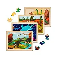 hellowood puzzles de dinosaures en bois pour enfants de 3 à 8 ans, 4 paquets de 24 puzzles avec poster de référence, planches de réflexion pédagogique jouets montessori à partir de 3 ans