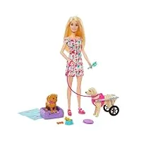 barbie coffret poupée avec 2 figurines chien, chariot amovible, roues fonctionnelles, 10 pièces, accessoires animaux inclus, jouet enfant, a partir de 3 ans, htk37