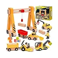 véhicule chantier jouet en bois enfants, magnétique jouet de véhicule avec grue portique, excavatrice, camion grue, compacteur routier, véhicules de construction en bois cadeau garçon 2 3 4 5 6 ans
