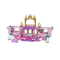 mattel princesses disney calèche et château coffret transformable avec mini-poupée aurore, 3 niveaux, 6 espaces de jeu, 4 figurines, mobilier et accessoires hwx17