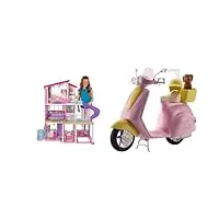 barbie maison de rêve, 3 niveaux, avec 8 pièces dont une piscine, un toboggan & mobilier scooter, moto rose pour poupées, fournie avec casque et panier jaune et figurine de chien