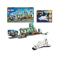 lego le pack véhicules: inclut le set la gare: aventure urbaine city (60335) et la navette spatiale (31134), un jouet pour enfant de 7 ans et plus, avec minifigurines et accessoires