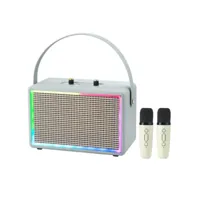 enceinte bluetooth rétro effet lumineux coloré karaoke double microphone cuir gris yonis