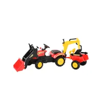 tracteur à pédales tractopelle double avec remorque pelle et rateau jeu de plein air enfants 3 à 6 ans rouge noir