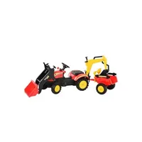 véhicule à pédale homcom tracteur à pédales tractopelle double avec remorque pelle et rateau jeu de plein air enfants 3 à 6 ans rouge noir