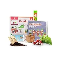 botaki - kit loisir créatif - potager maison pour enfant - kit semis radis - pots + sachet de graines bio + palets de terreau + magazine - 4 ans et +