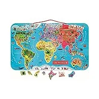 janod - puzzle carte du monde magnétique en bois - 92 pièces aimantées - 70 x 43 cm - version française - jeu éducatif dès 7 ans, j05500 argent métallique