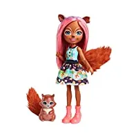enchantimals mini-poupée sancha Écureuil et figurine animale stumper, aux cheveux roses et bruns avec jupe en tissu, jouet enfant, fmt61