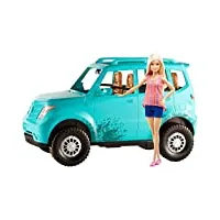 barbie voiture tout-terrain, véhicule 4 places turquoise avec carosserie Éclaboussée de boue, poupée blonde incluse, jouet pour enfant, fgc99